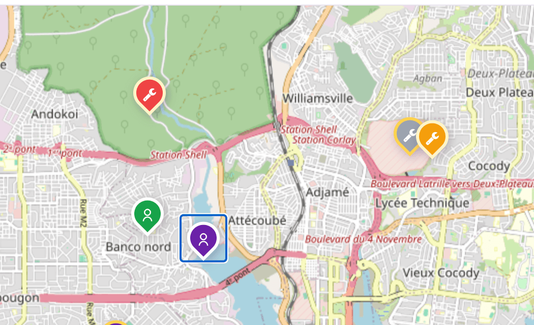 Zoom on intervention and technician map markers