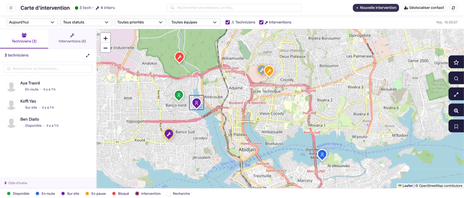 Real-time interventions and technicians map